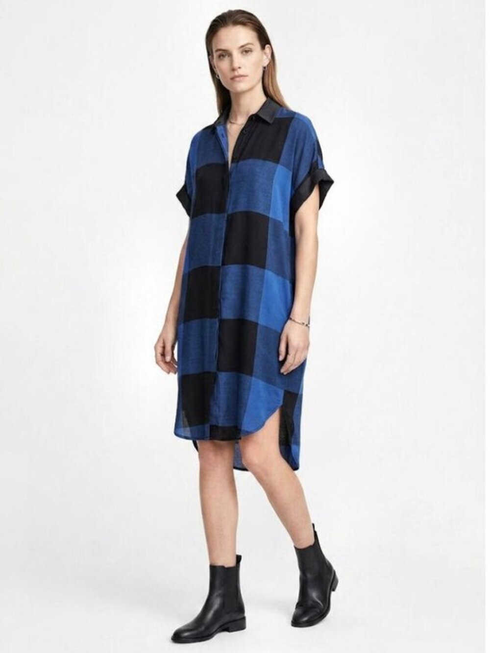 Rag & Bone Buffalo Check  Wool Silk Blend Shirt Dress Blue Black, Womens Size 6